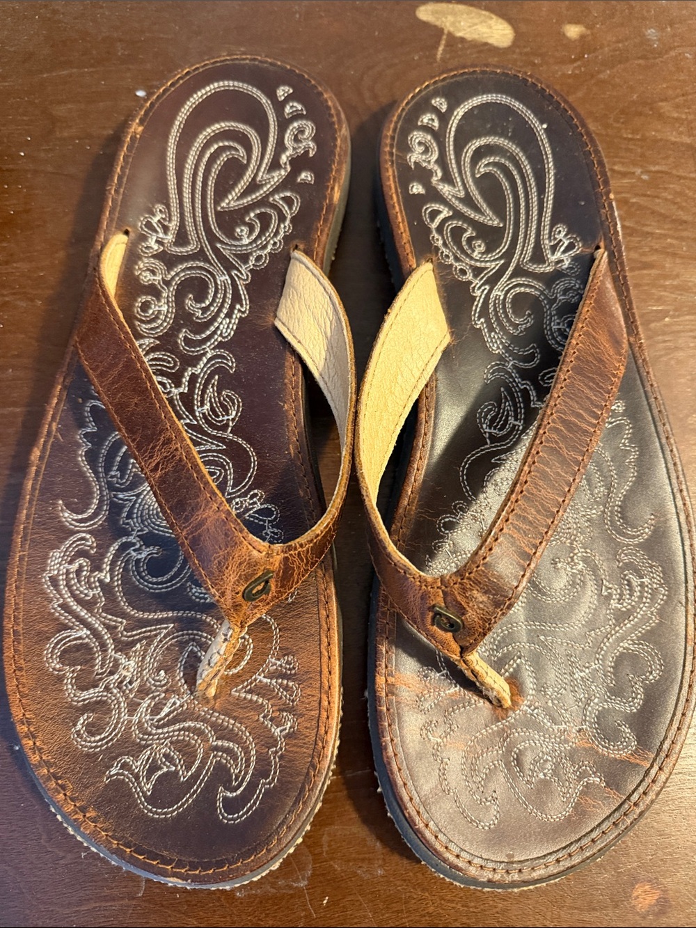 OluKai Brown Leather Flip Flop Sandals with Tan Straps
